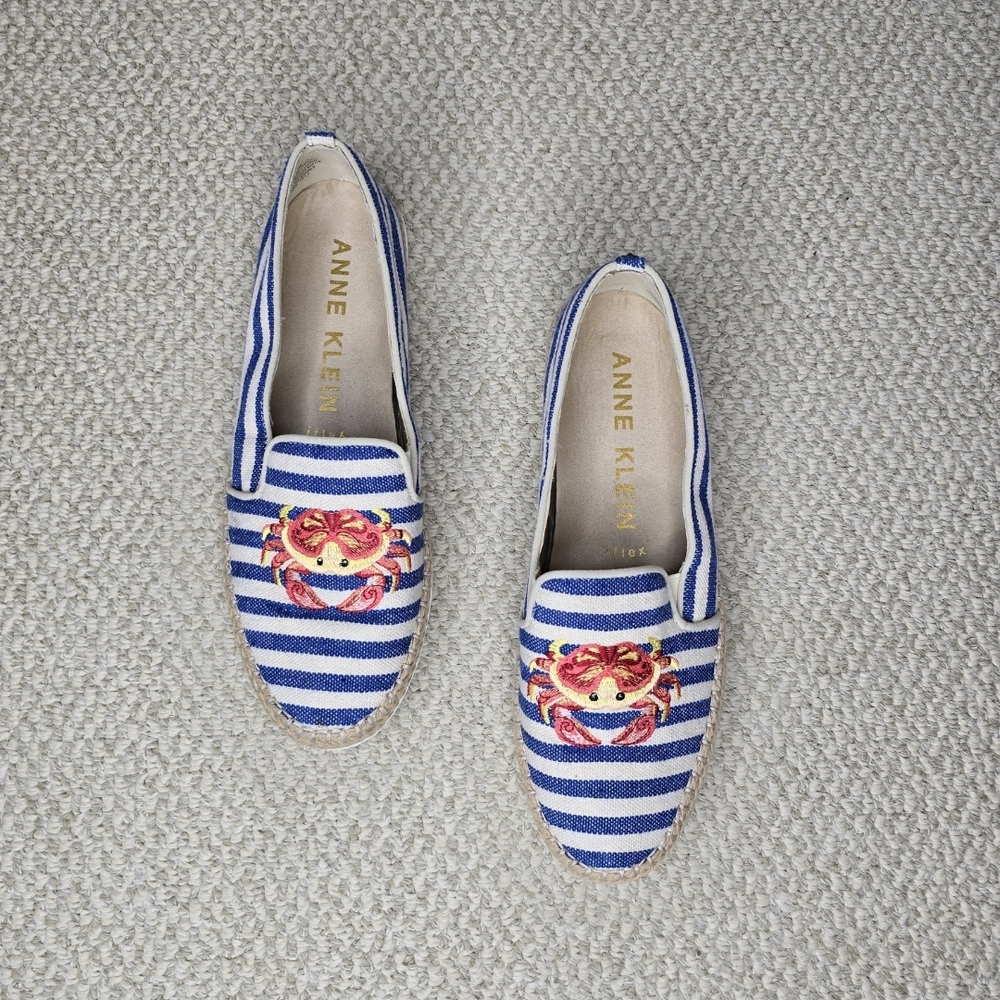 Anne Klein Blue and White Striped Espadrilles with Embroidered Crab